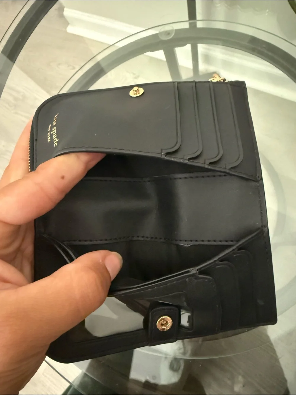 kate spade black leather bifold card wallet with zip coin pocket